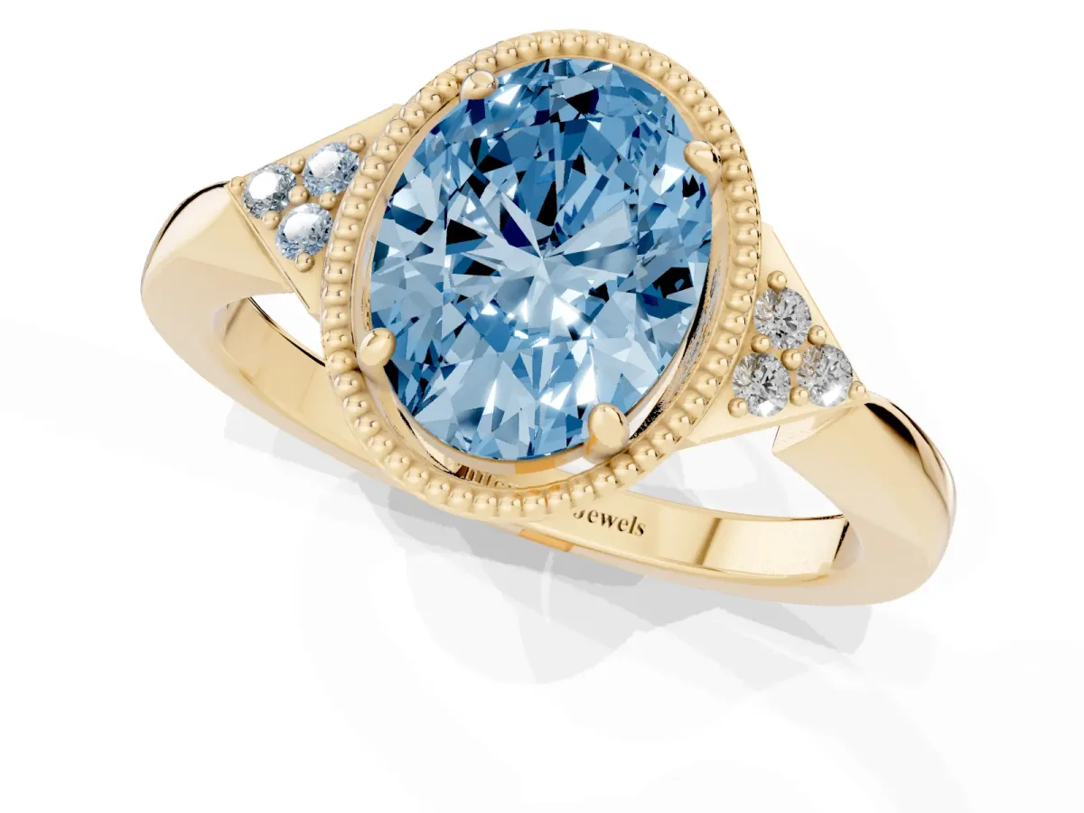 Fancy Blue Oval Cut Diamond Halo Ring with Tapered Band and Four-Prong Setting Yellow gold