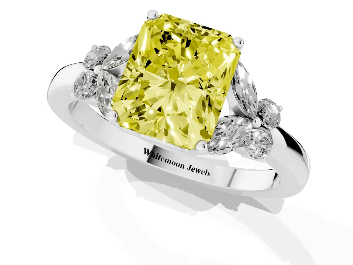 Fancy Yellow Radiant Cut Cut Solitaire Floral Diamond Ring with Four-Prong Setting Silver