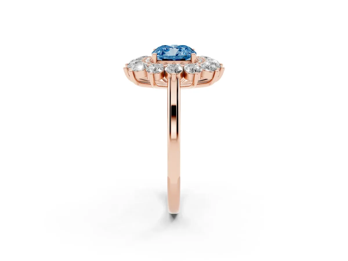 Fancy Blue Cushion Cut Diamond Floral Double Halo Engagement Ring with Prong Setting Rose gold