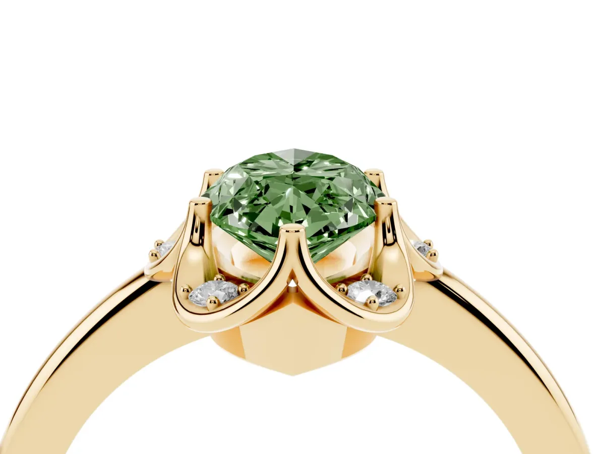 Fancy Green Marquise Cut Halo Diamond Ring with Round Cluster Setting, Solitaire Band, and Four-Prong Setting Yellow gold