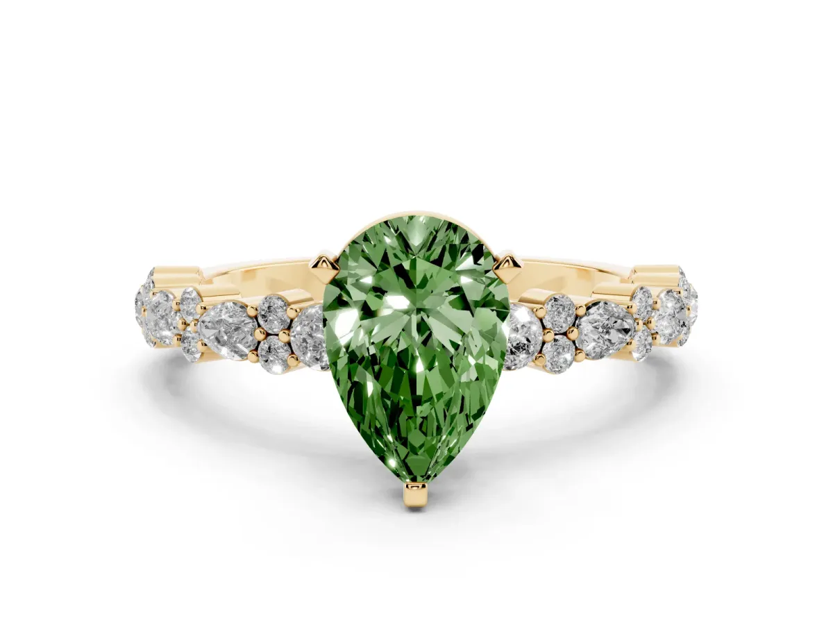 Fancy Green Pear Cut Diamond Side Stone Solitaire Ring with Round and Four-Prong Setting Yellow gold