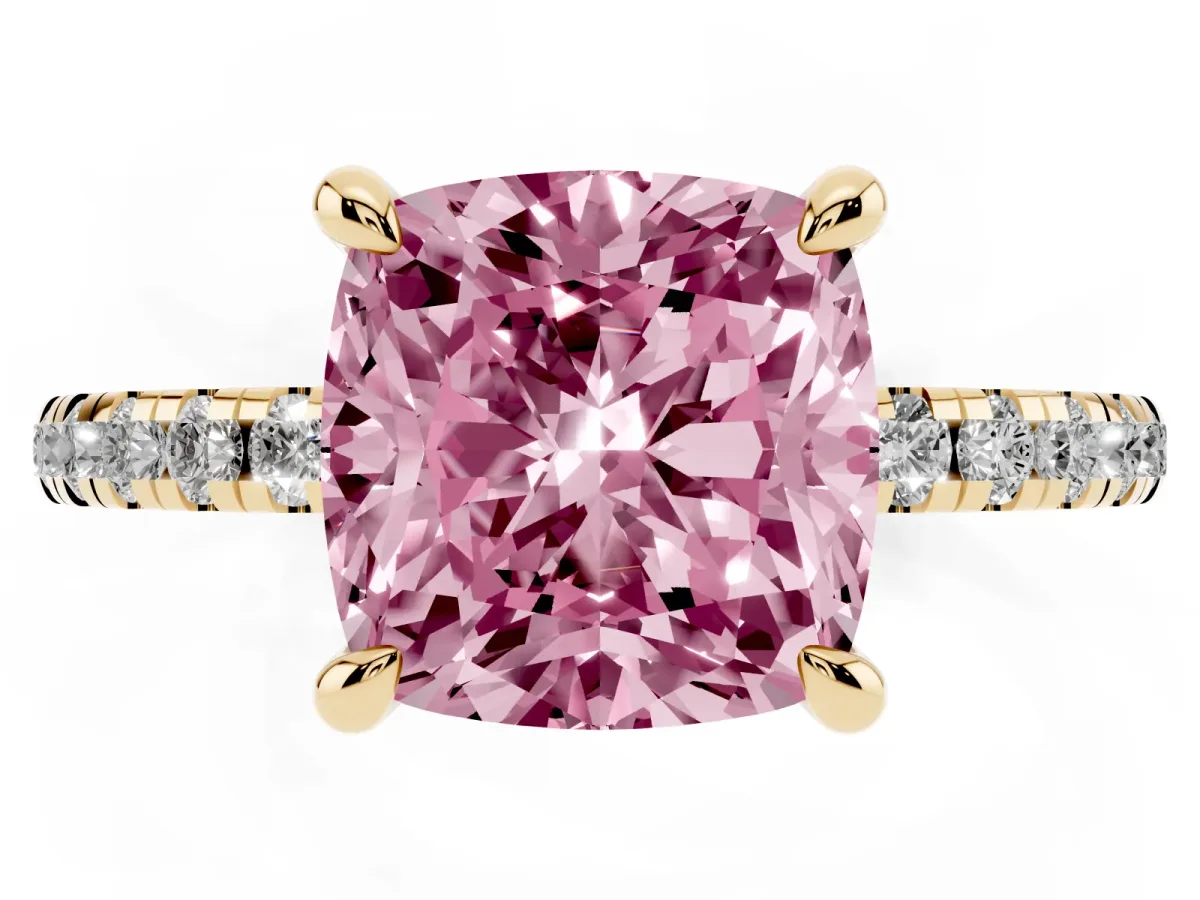 Fancy Pink Cushion Cut Diamond Brilliant Solitaire Ring with Pavé Band and Four-Prong Setting Yellow gold