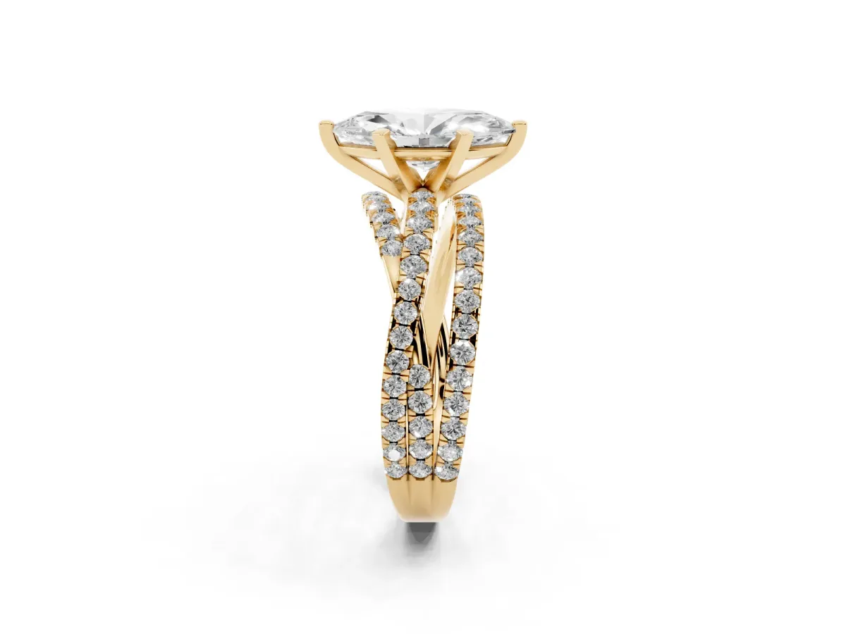 Marquise Cut Solitaire Twist Band with Pavé Setting and Four-Prong Setting Yellow gold
