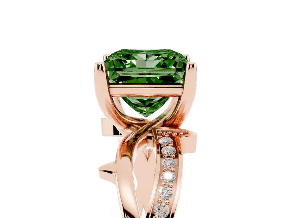 Fancy Green Princess Cut Solitaire Twist Band with Pavé Accents and Four-Prong Setting Rose gold