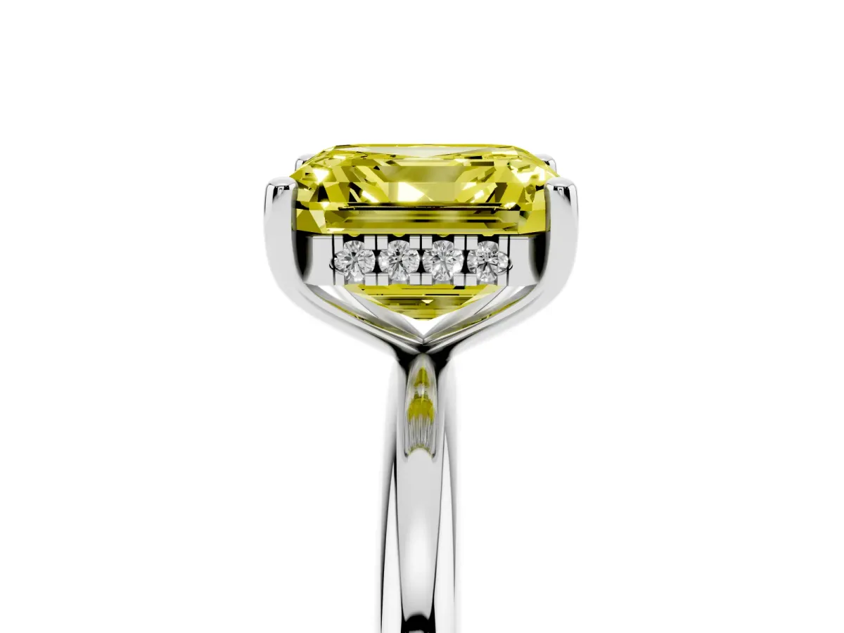 Fancy Yellow Asscher Cut Cut Solitaire Engagement Ring with Four-Prong Setting and Classic Band Silver