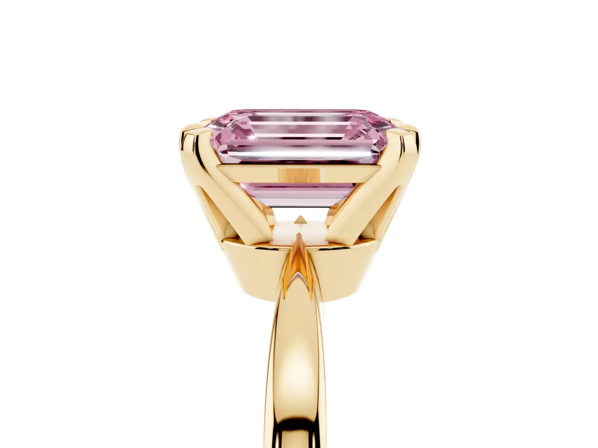 Fancy Pink Emerald Cut Solitaire Engagement Ring with Six-Prong Setting and Tapered Band Yellow gold