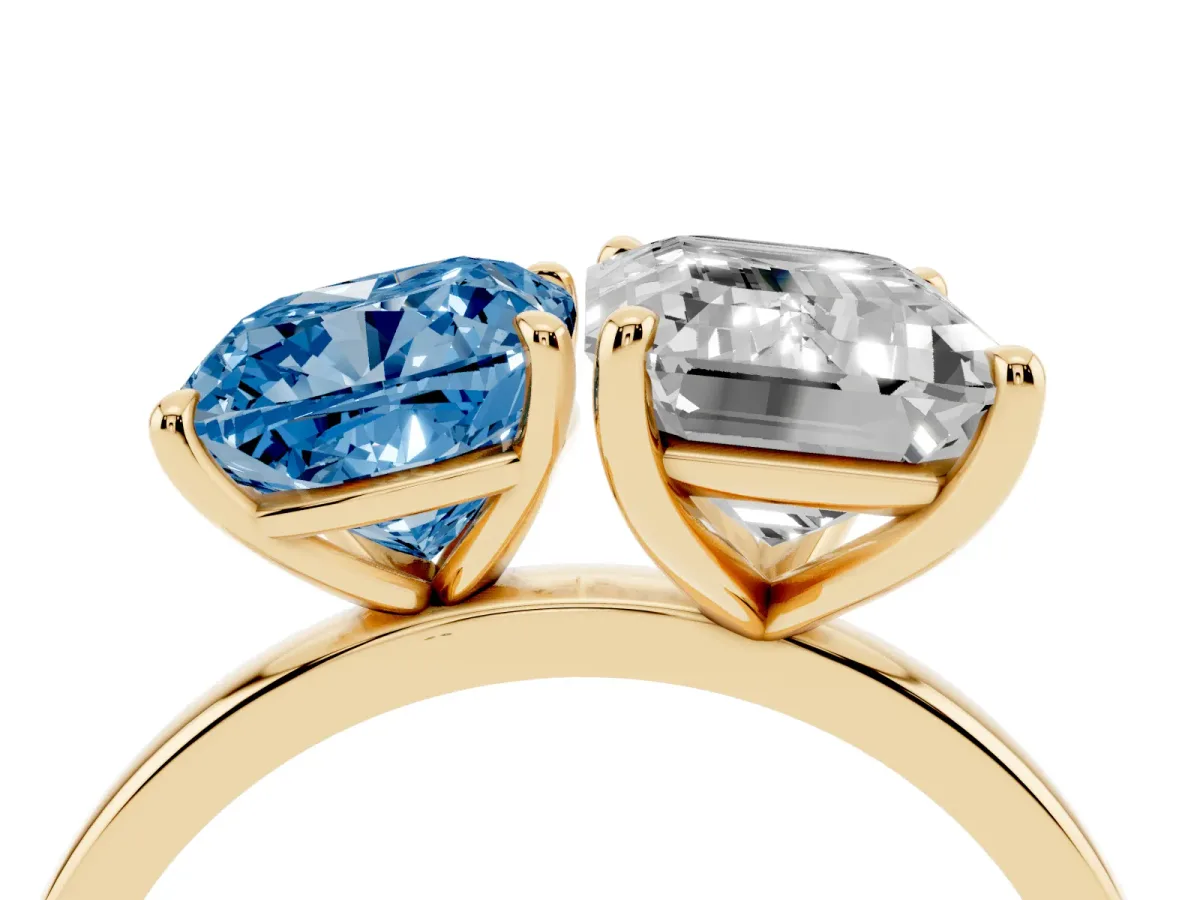 Fancy Blue Cushion Cut and Emerald Cut Toi Moi Ring with Prong Setting Yellow gold