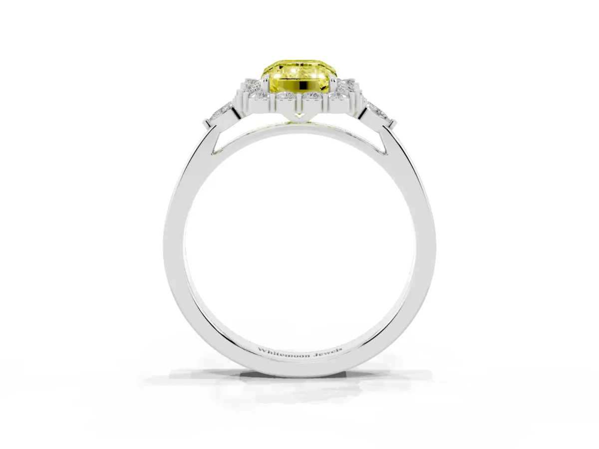 Fancy Yellow Emerald Cut Diamond Halo Ring with Pear Side Stones and Prong Setting Silver