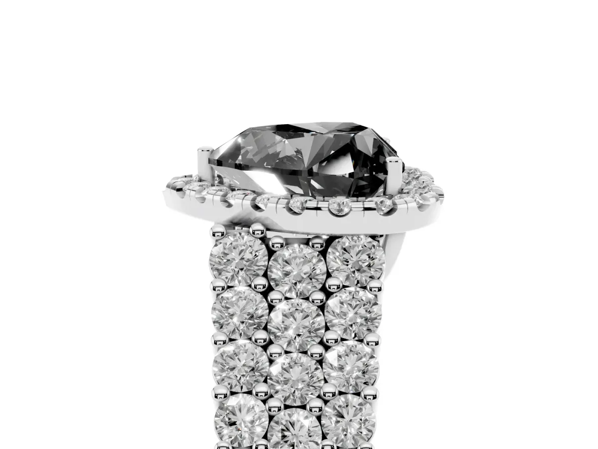 Fancy Black Heart Cut Diamond Halo Engagement Ring with Triple Row Round Pavé Band and Prong Setting Silver