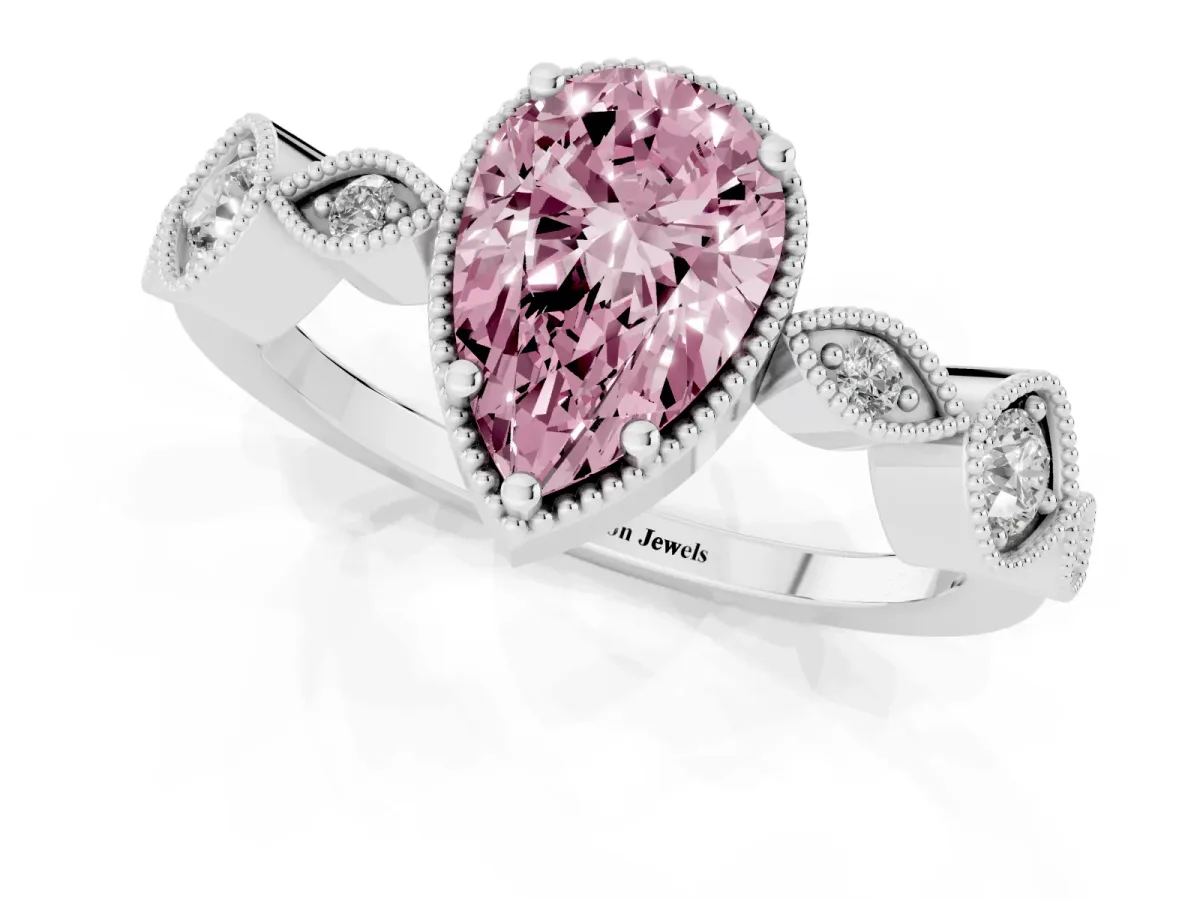 Fancy Pink Pear Cut Diamond Vintage Milgrain Ring with Round Stations Silver