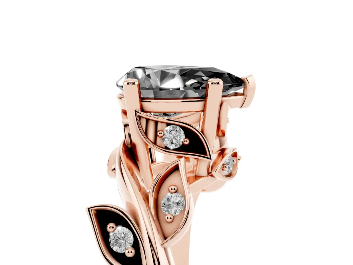 Fancy Black Pear Cut Solitaire Twist Engagement Ring with Leaf Accents and Prong Setting Rose gold