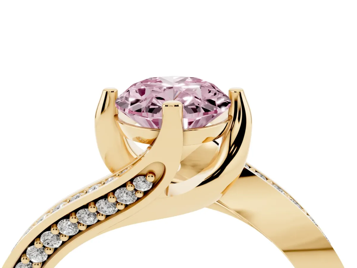 Fancy Pink Oval Cut Solitaire Diamond Twist Band with Pavé Setting and Four-Prong Setting Yellow gold