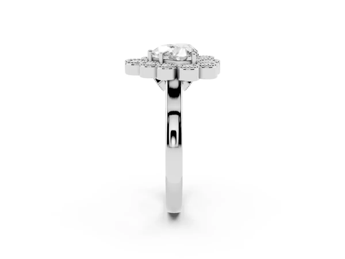Heart Cut Halo Diamond Cluster Engagement Ring with Milgrain Bezel Setting and Solitaire Band White gold