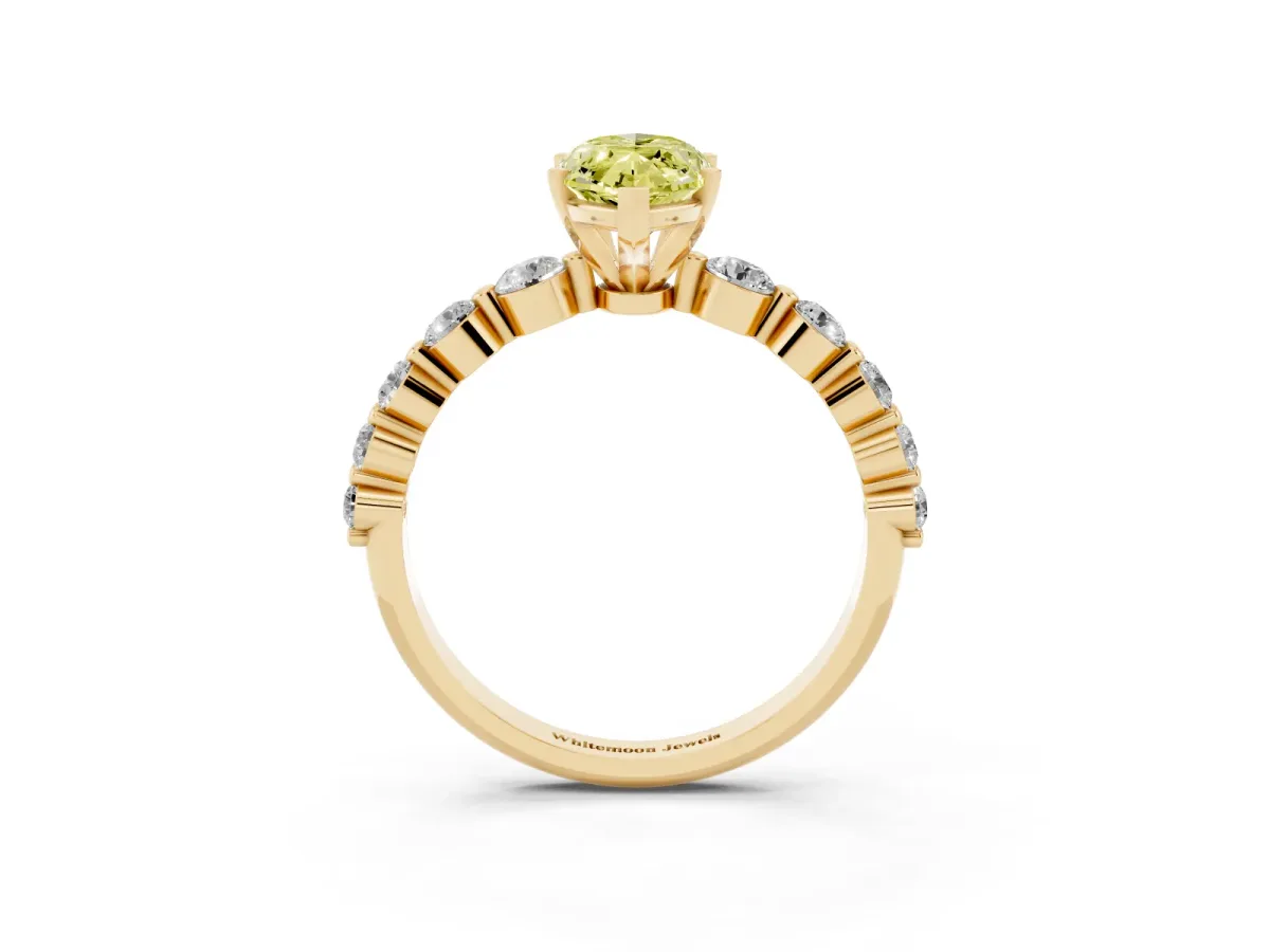 Fancy Yellow Marquise Cut Solitaire Diamond Ring with Pave Band and Four-Prong Setting Yellow gold