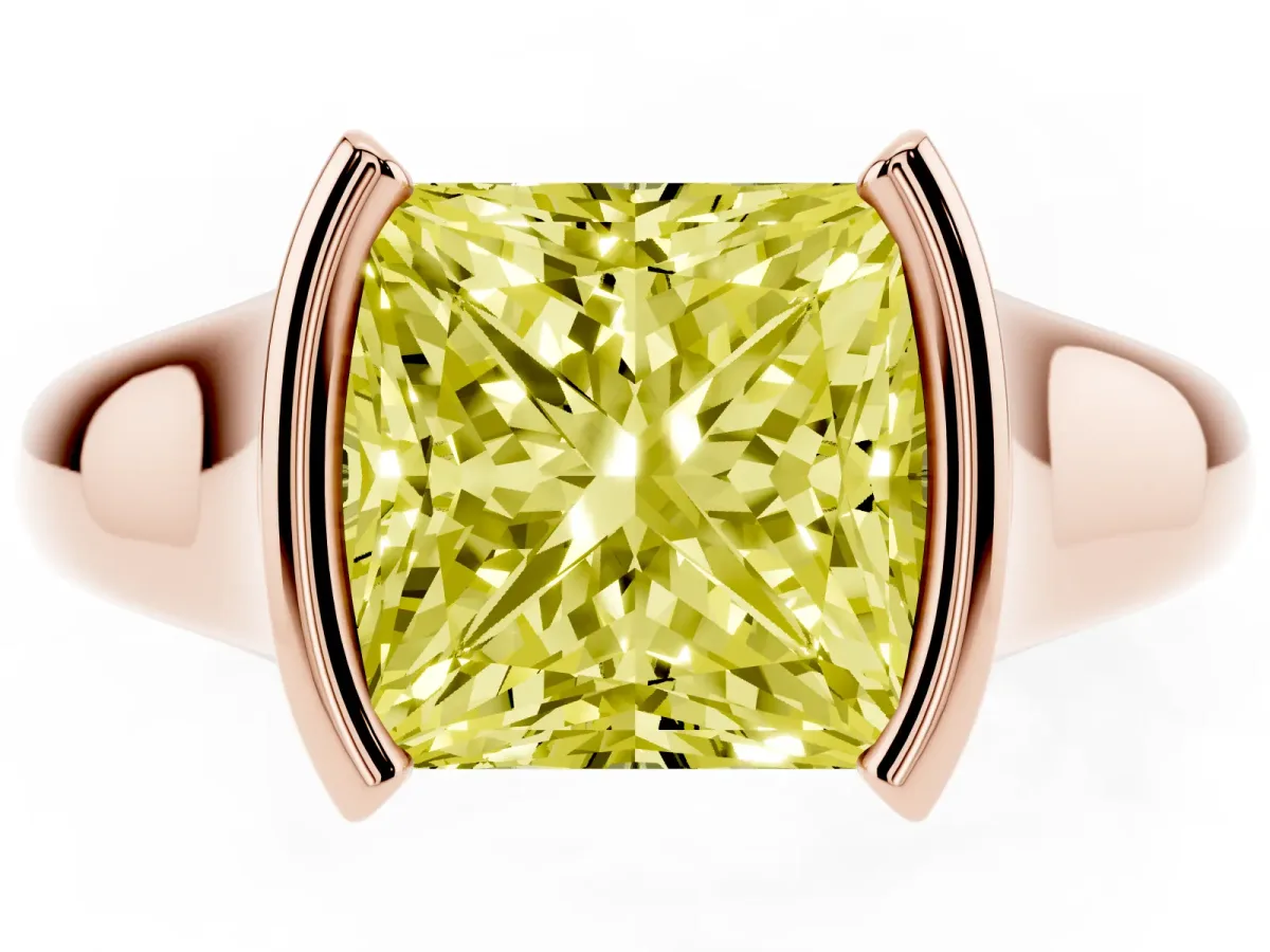 Fancy Yellow Princess Cut Solitaire Tension Set Diamond Ring with Split Shank Band Rose gold