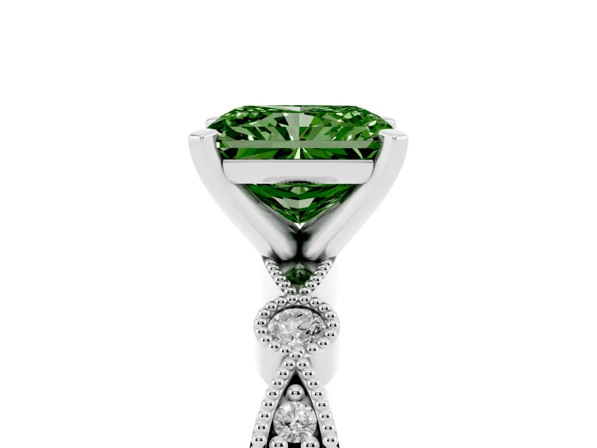 Fancy Green Radiant Cut Milgrain Bezel Diamond Engagement Ring with Solitaire Prong Setting Silver