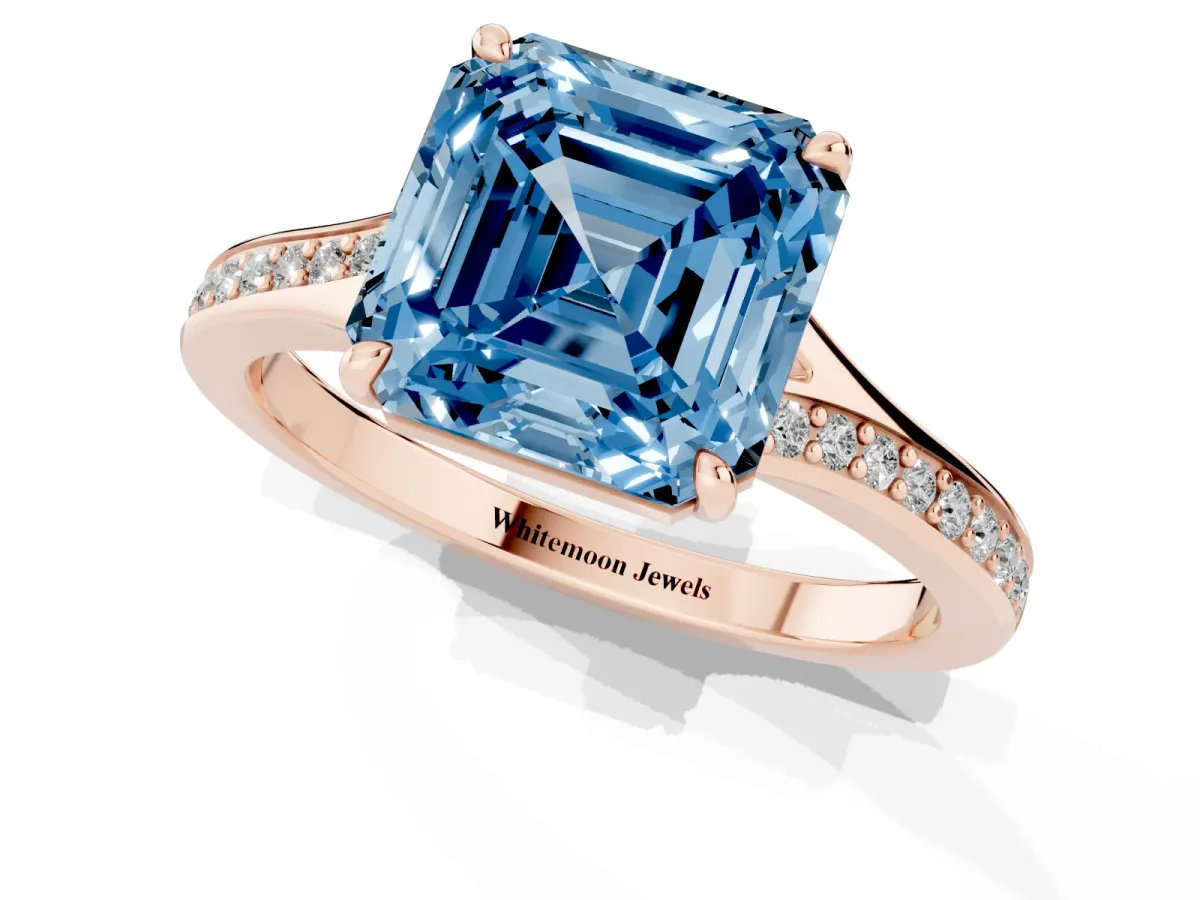 Fancy Blue Asscher Cut Diamond Solitaire Ring with Pavé Band and Prong Setting Rose gold