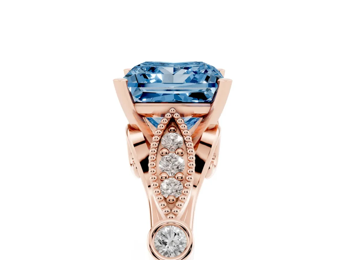Fancy Blue Princess Cut Cut Diamond with Milgrain Marquise and Bezel Accents on a Solitaire Band with Prong Setting Rose gold