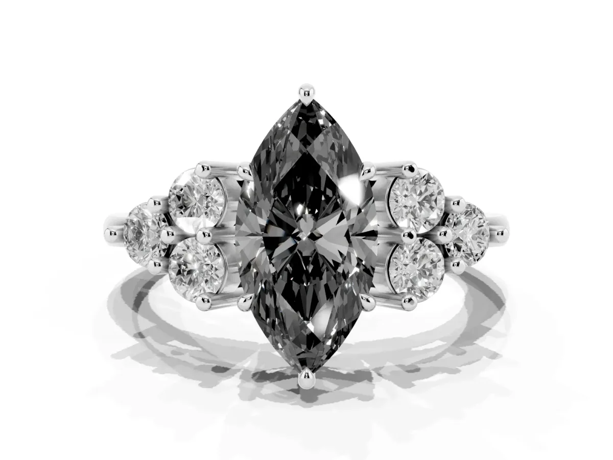 Fancy Black Marquise Cut Brilliant Diamond Cluster Accent Solitaire Ring with Prong Setting Silver