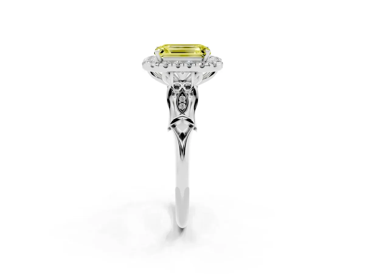 Fancy Yellow Emerald Cut Halo Diamond Engagement Ring with Filigree Band and Four-Prong Setting Platinum