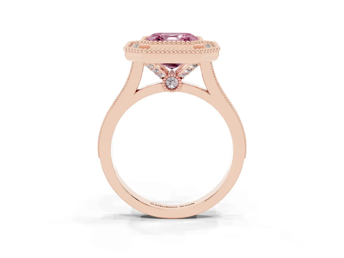 Fancy Pink Asscher Cut Diamond Halo Ring with Milgrain Frame and Pavé Band Rose gold