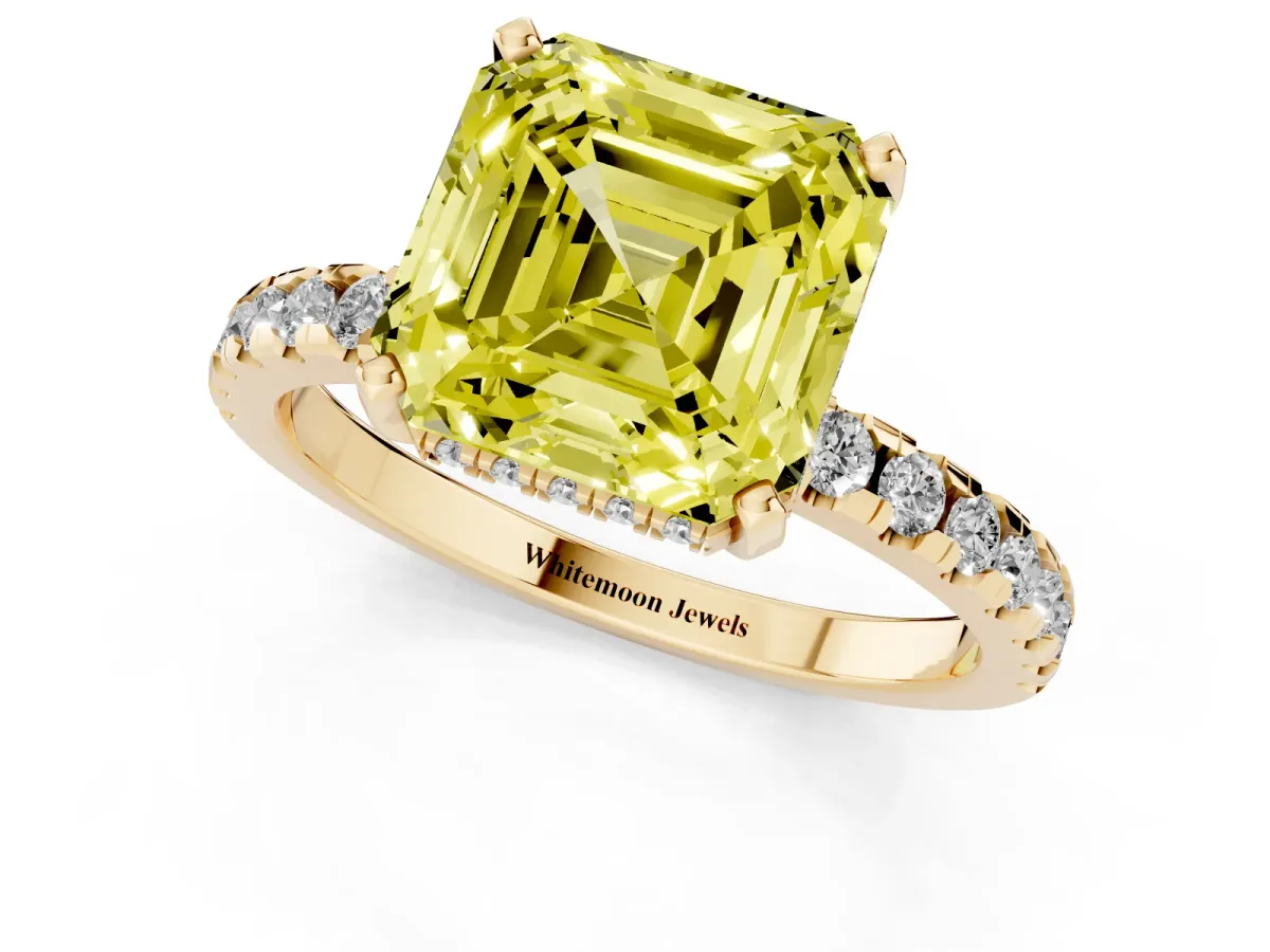 Fancy Yellow Asscher Cut Diamond Solitaire Ring with Round Pavé Band and Four-Prong Setting Yellow gold