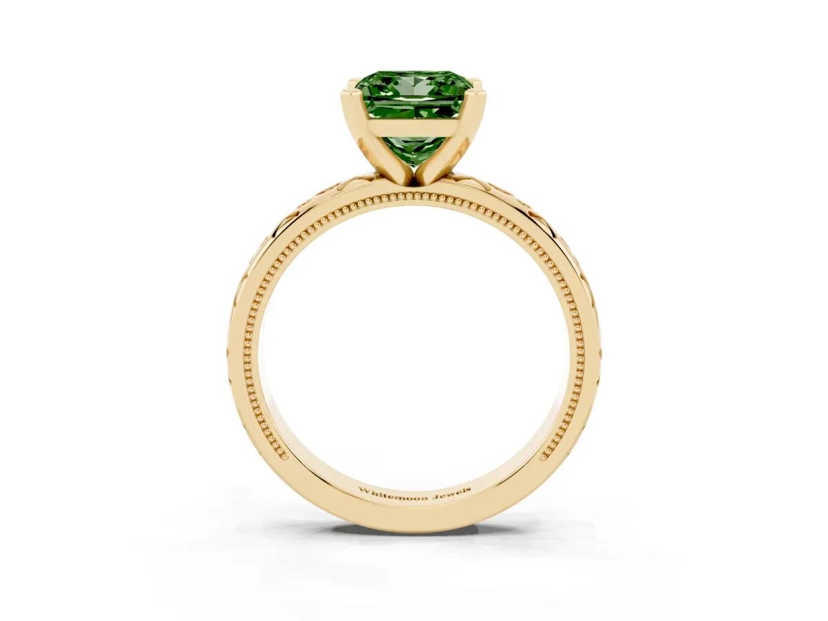 Fancy Green Princess Cut Solitaire Engagement Ring with Scrollwork Band and Four-Prong Setting Yellow gold