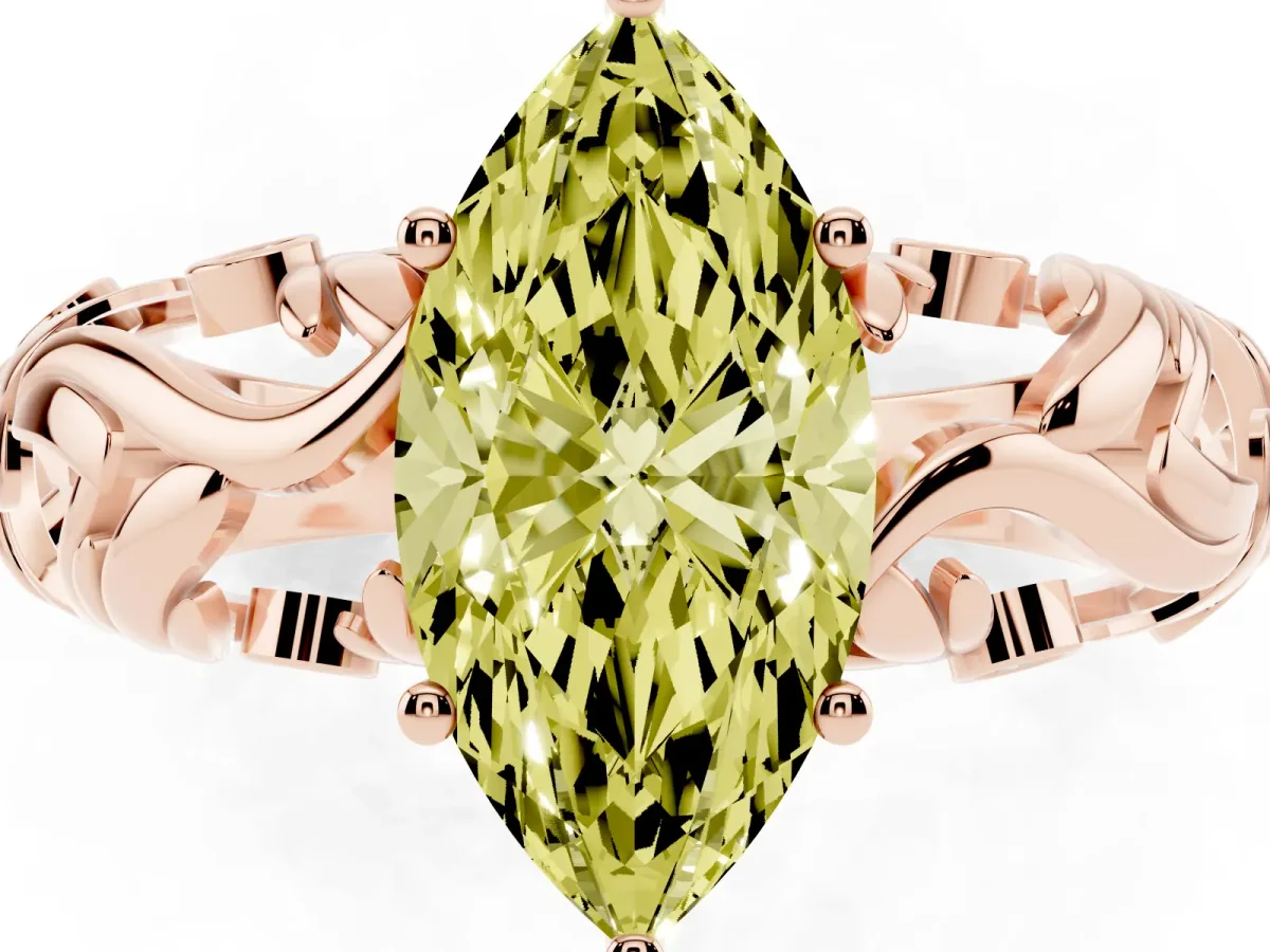 Fancy Yellow Marquise Cut Solitaire Diamond Leaf-Inspired Vine Band Ring with Prong Setting Rose gold