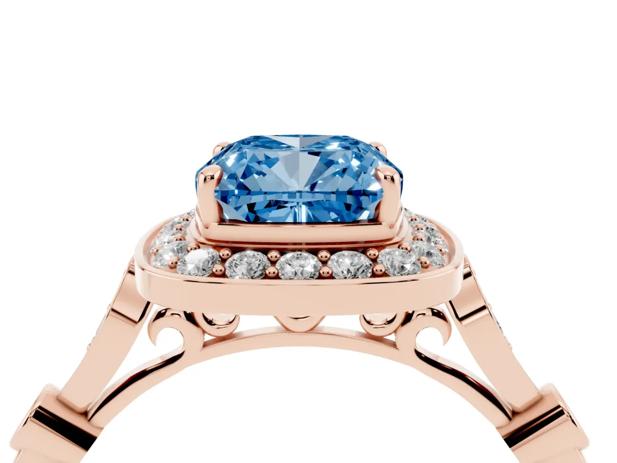Fancy Blue Cushion Cut Halo Diamond Engagement Ring with Twisted Band and Four-Prong Setting Rose gold
