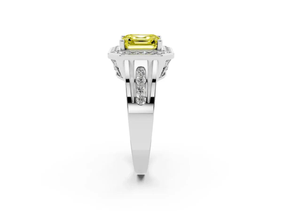 Fancy Yellow Asscher Cut Diamond Halo Ring with Split Shank and Bezel Accents and Prong Setting Silver