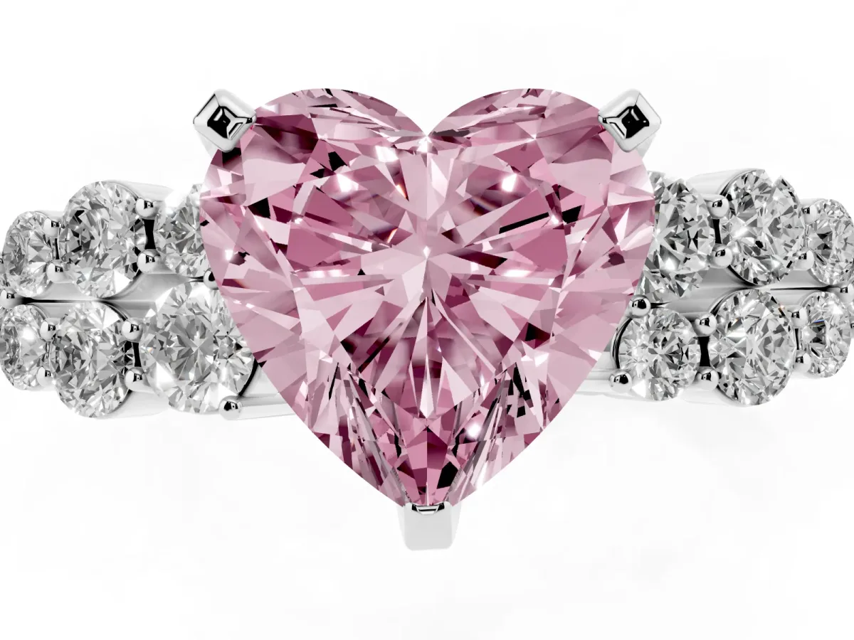 Fancy Pink Heart Cut Cluster Diamond Engagement Ring with Pavé Band and Four-Prong Setting Platinum