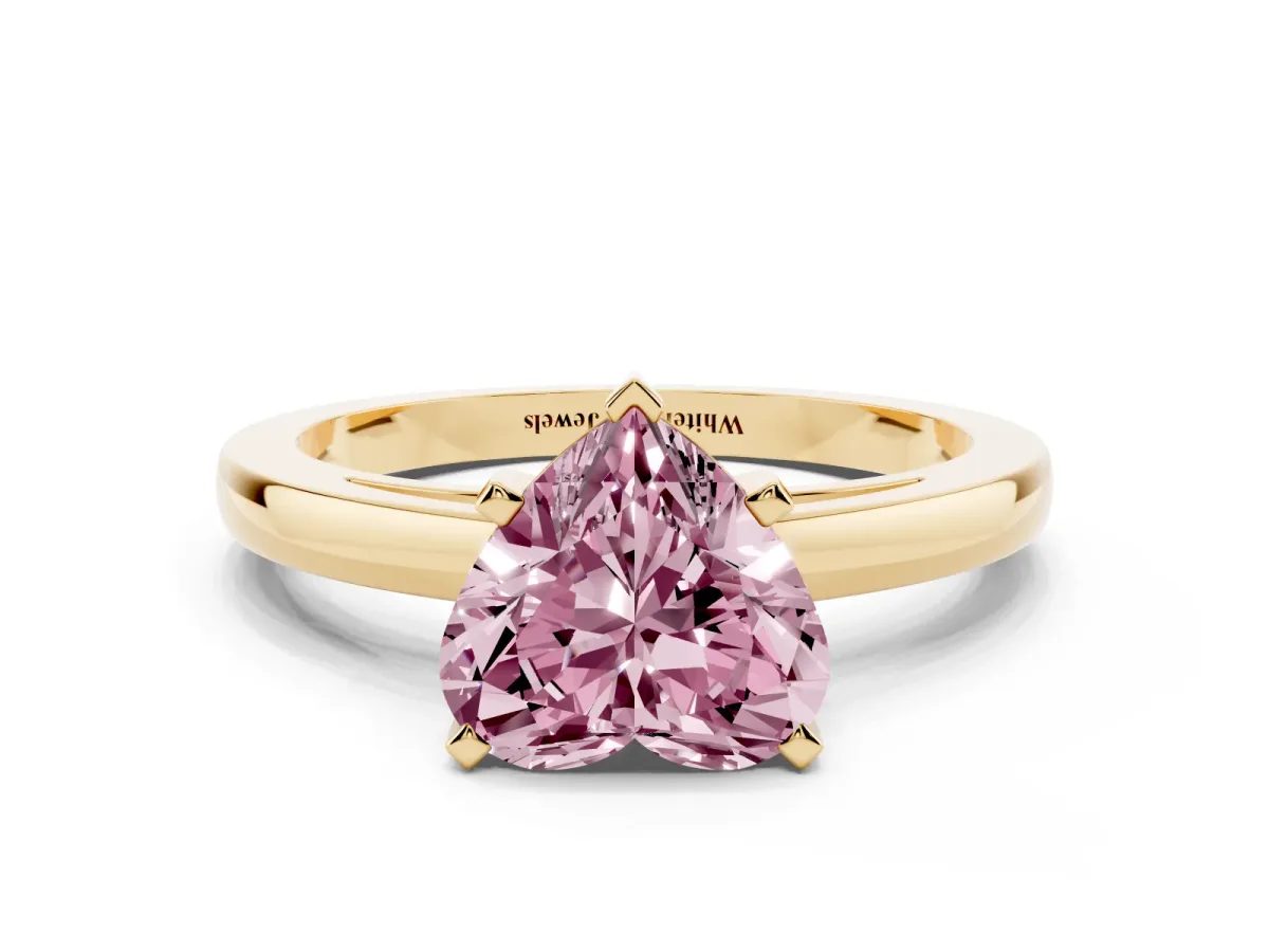 Fancy Pink Heart Cut Solitaire Diamond Engagement Ring with Four-Prong Setting on a Classic Band Yellow gold
