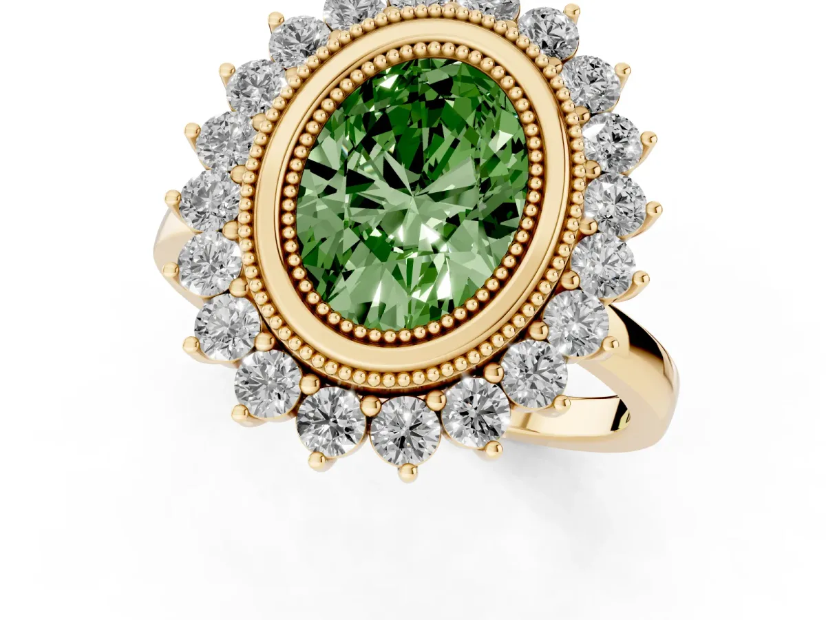 Fancy Green Oval Cut Halo Diamond Ring with Milgrain Edge and Round Prong Setting Yellow gold
