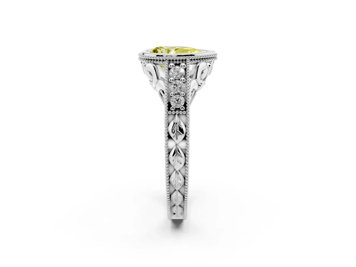 Fancy Yellow Bezel Set Pear Cut Diamond Milgrain Pave Engagement Ring Platinum