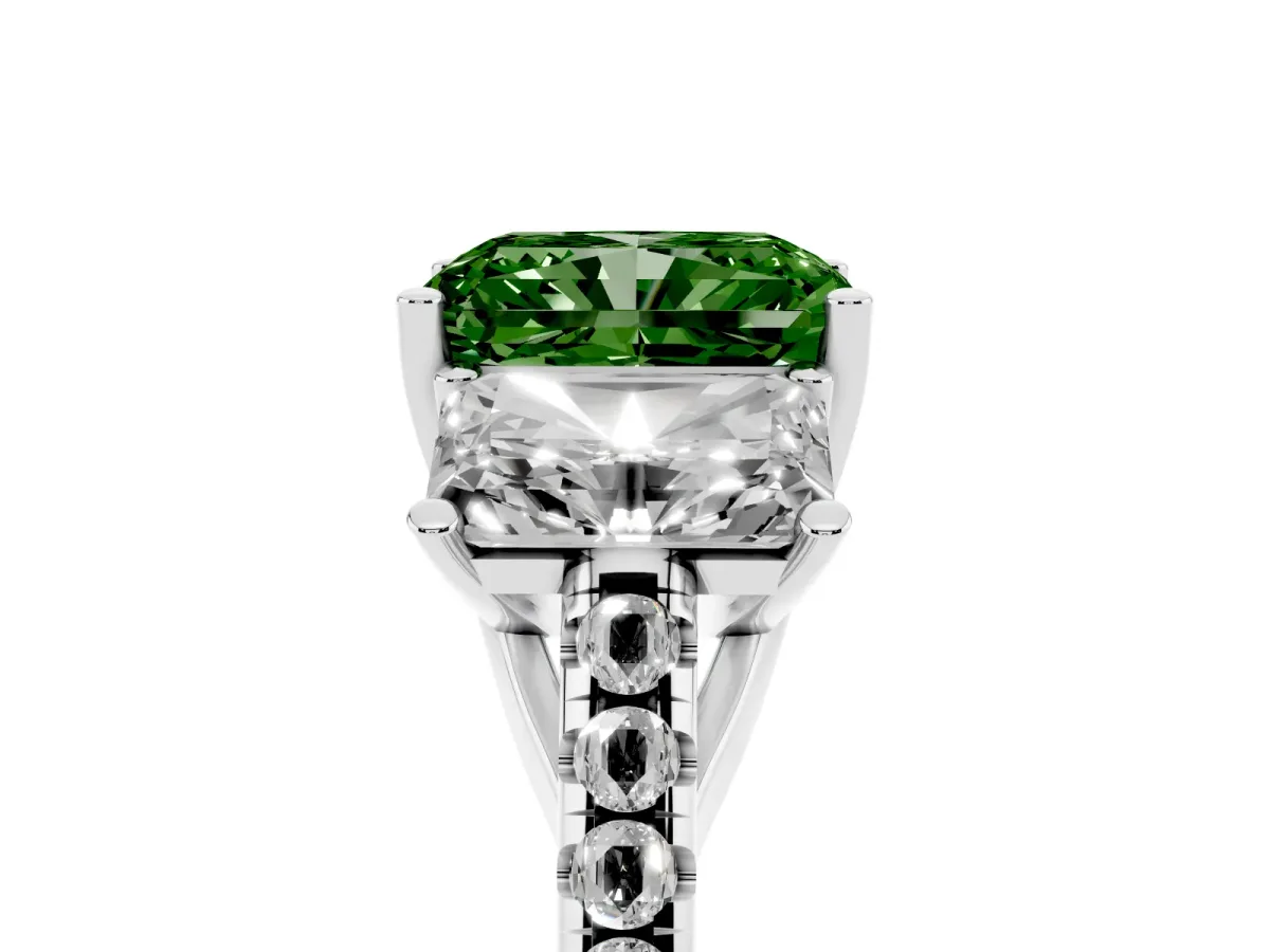 Fancy Green Three-Stone Radiant Cut Diamond Ring with Round Pavé Band and Prong Setting Platinum