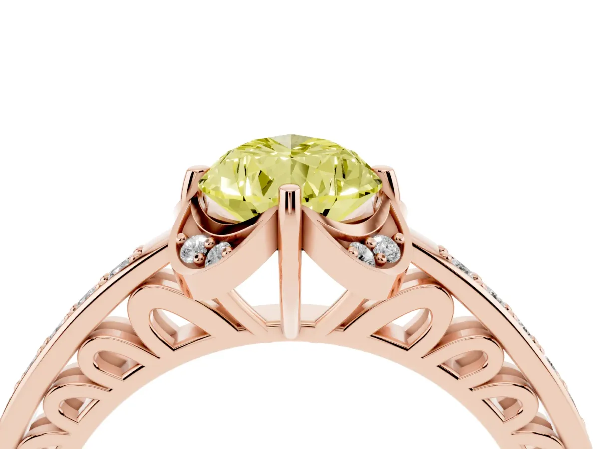 Fancy Yellow Pear Cut Cut Halo Diamond Ring with Channel Set Band and Four-Prong Setting Rose gold