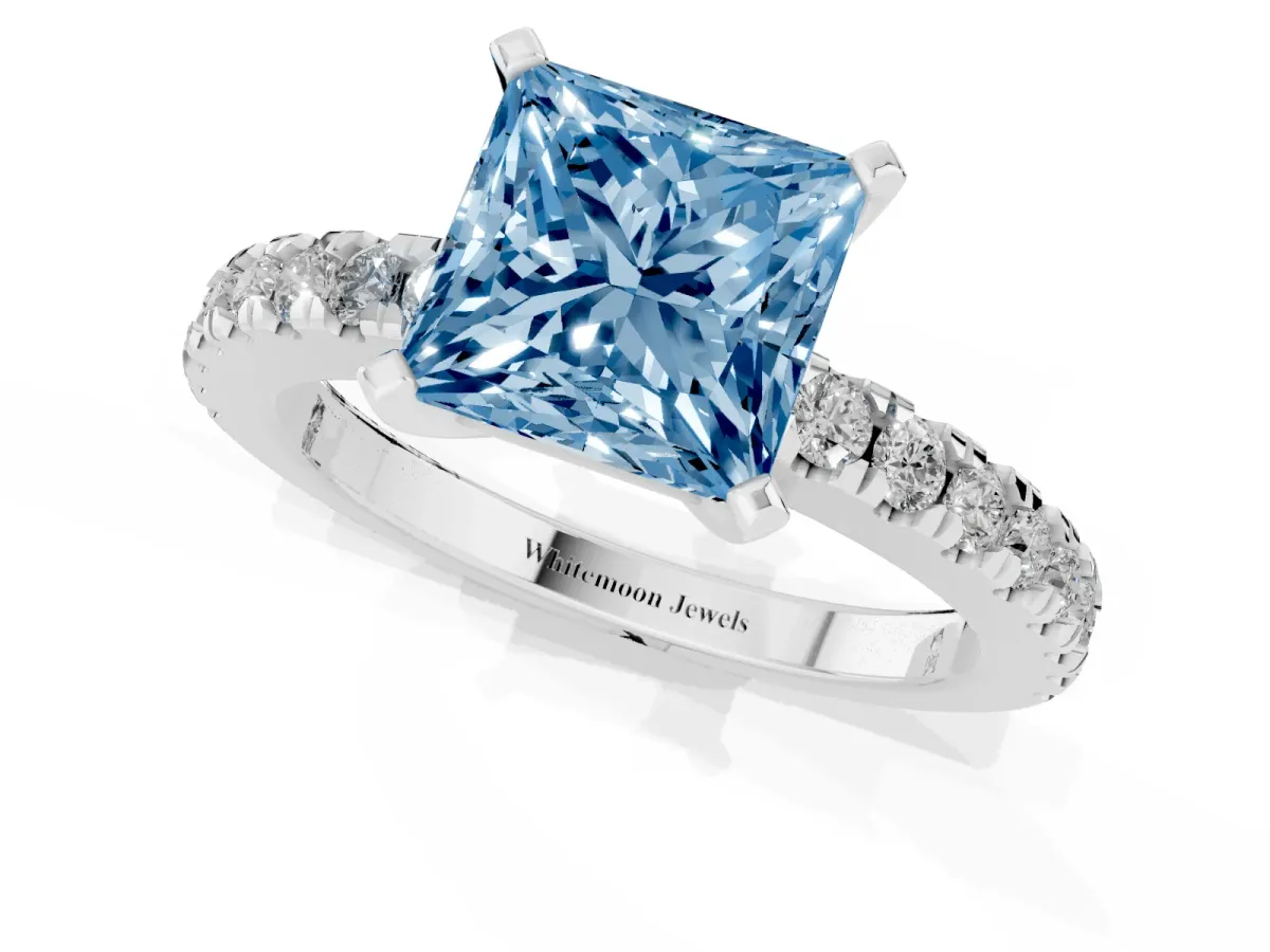 Fancy Blue Princess Cut Solitaire Diamond with Pavé Band and Four-Prong Setting Silver