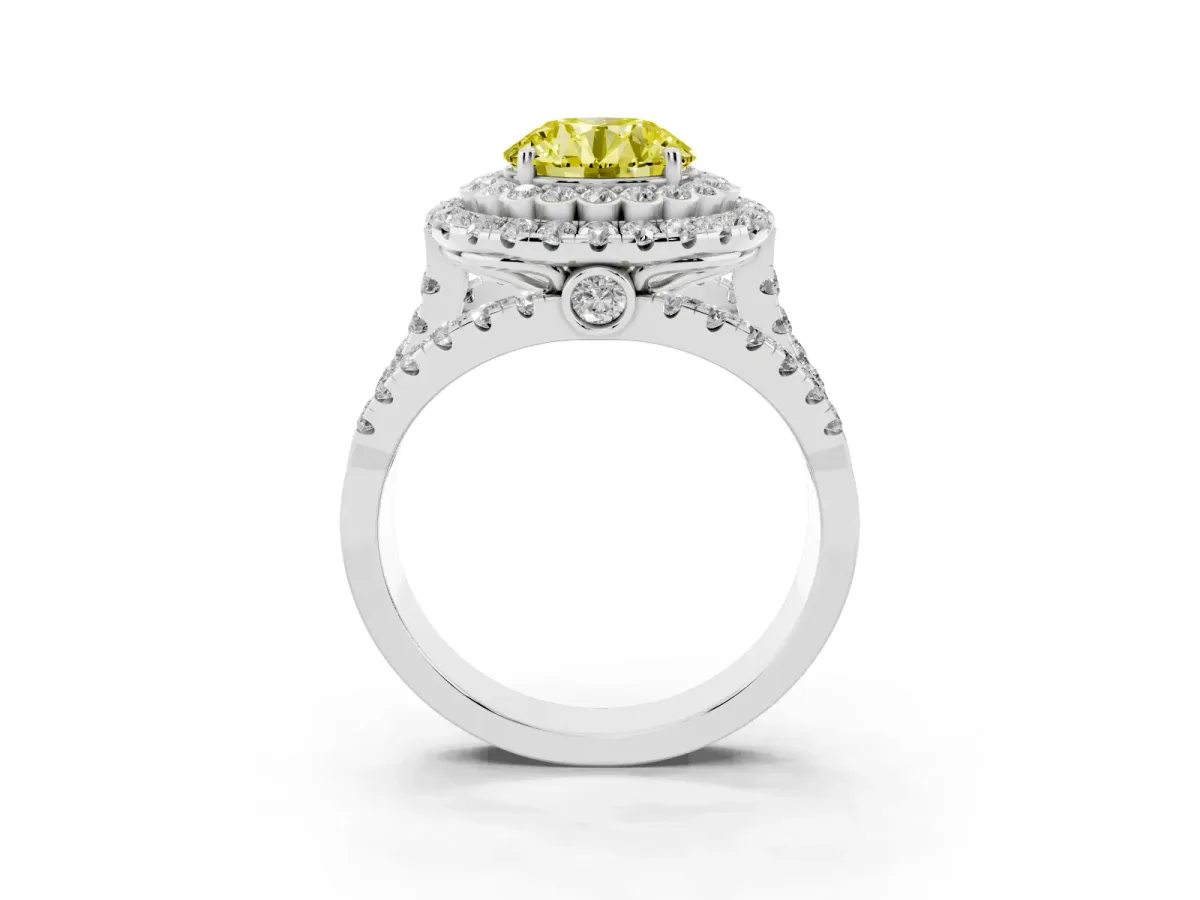 Fancy Yellow Round Cut Diamond Double Halo Ring with Round Pavé Split Shank and Prong Setting Silver