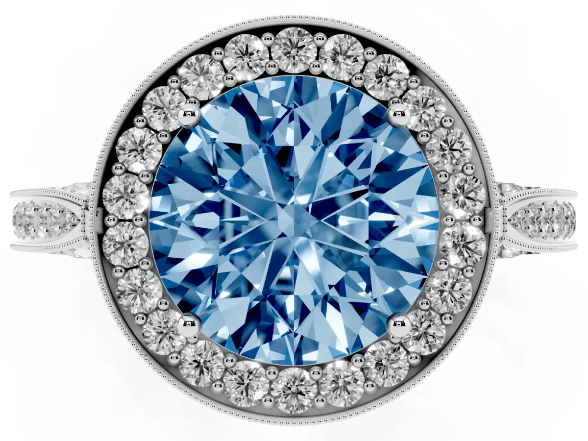 Fancy Blue Round Cut Halo Diamond Engagement Ring with Split Shank Band and Four-Prong Setting Silver