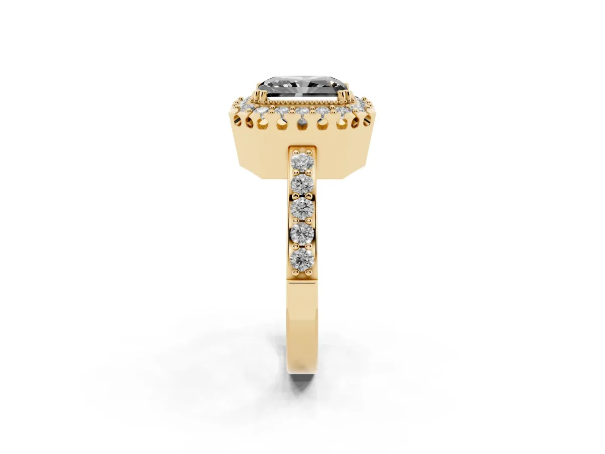 Fancy Black Radiant Cut Diamond Halo Ring with Pavé Band and Prong Setting Yellow gold