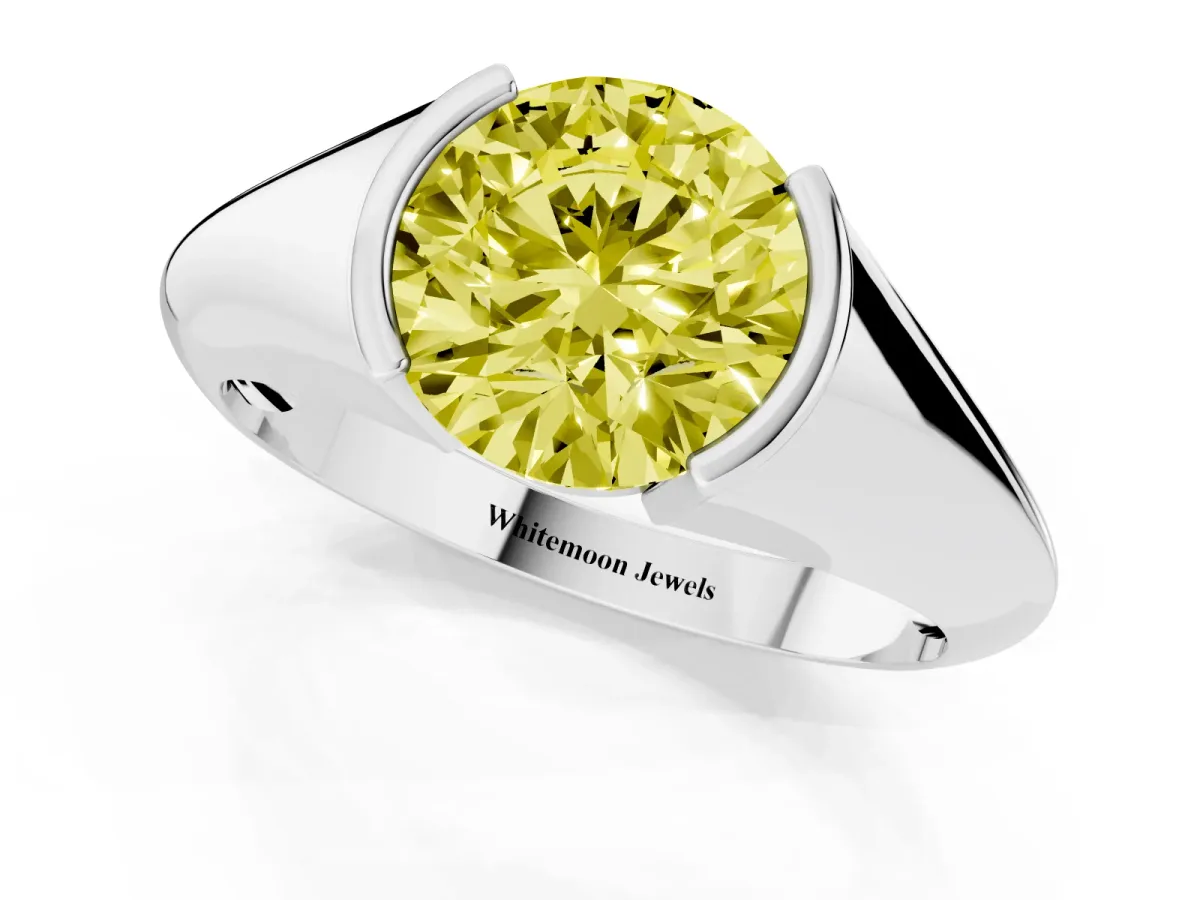 Fancy Yellow Round Cut Solitaire Tension Set Diamond Ring Silver