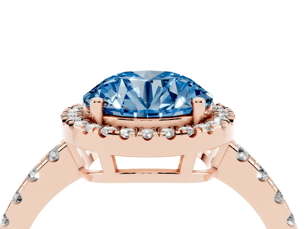 Fancy Blue Round Cut Diamond Halo Ring with Pavé Band and Four-Prong Setting Rose gold