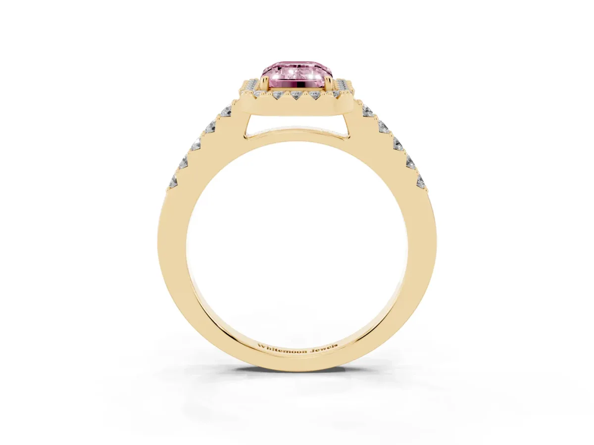 Fancy Pink Emerald Cut Halo Diamond Pavé Solitaire Ring Yellow gold