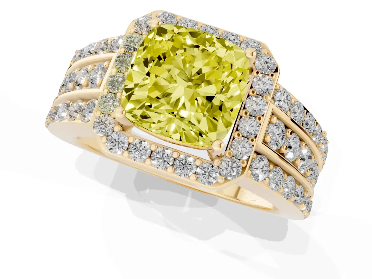 Fancy Yellow Cushion Cut Halo Diamond Ring with Round Split Shank and Prong Setting Yellow gold
