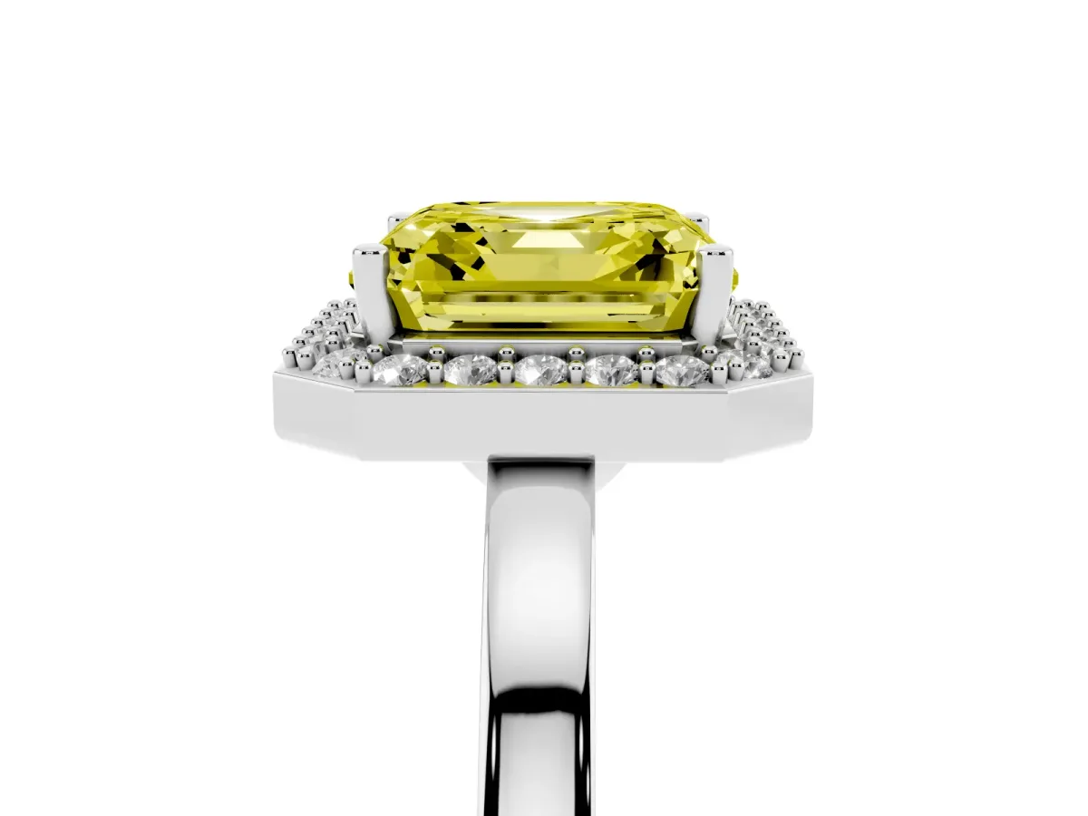 Fancy Yellow Asscher Cut Halo Diamond Ring with Solitaire Band and Prong Setting Silver