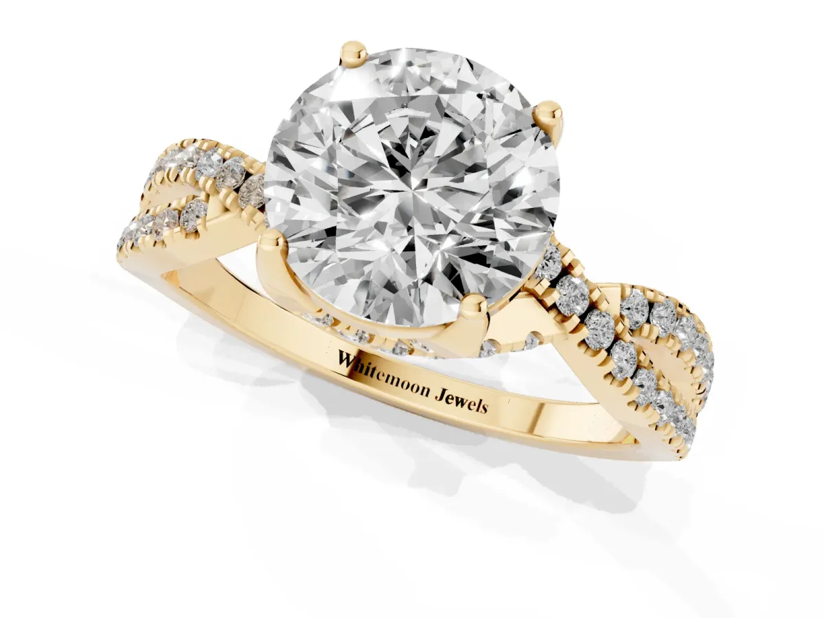 Round Cut Solitaire Twist Pave Diamond Engagement Ring with Prong Setting Yellow gold