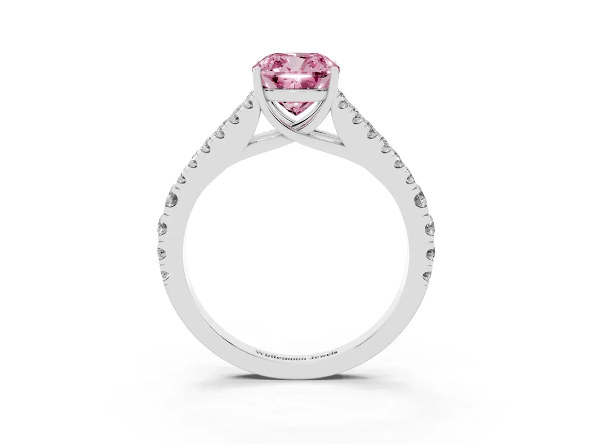 Fancy Pink Cushion Cut Diamond Split Shank Pavé Engagement Ring with Four-Prong Setting Silver