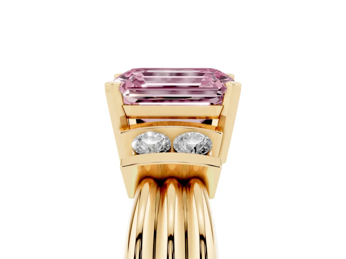 Fancy Pink Emerald Cut Cut Three-Stone Channel Set Ring with Bar Prongs Yellow gold