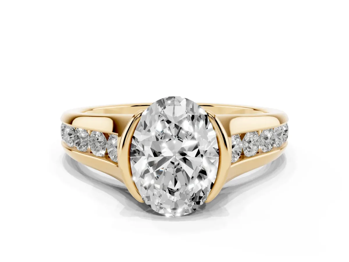 Oval Cut Solitaire Bezel-Set Diamond Ring with Channel-Set Band Yellow gold