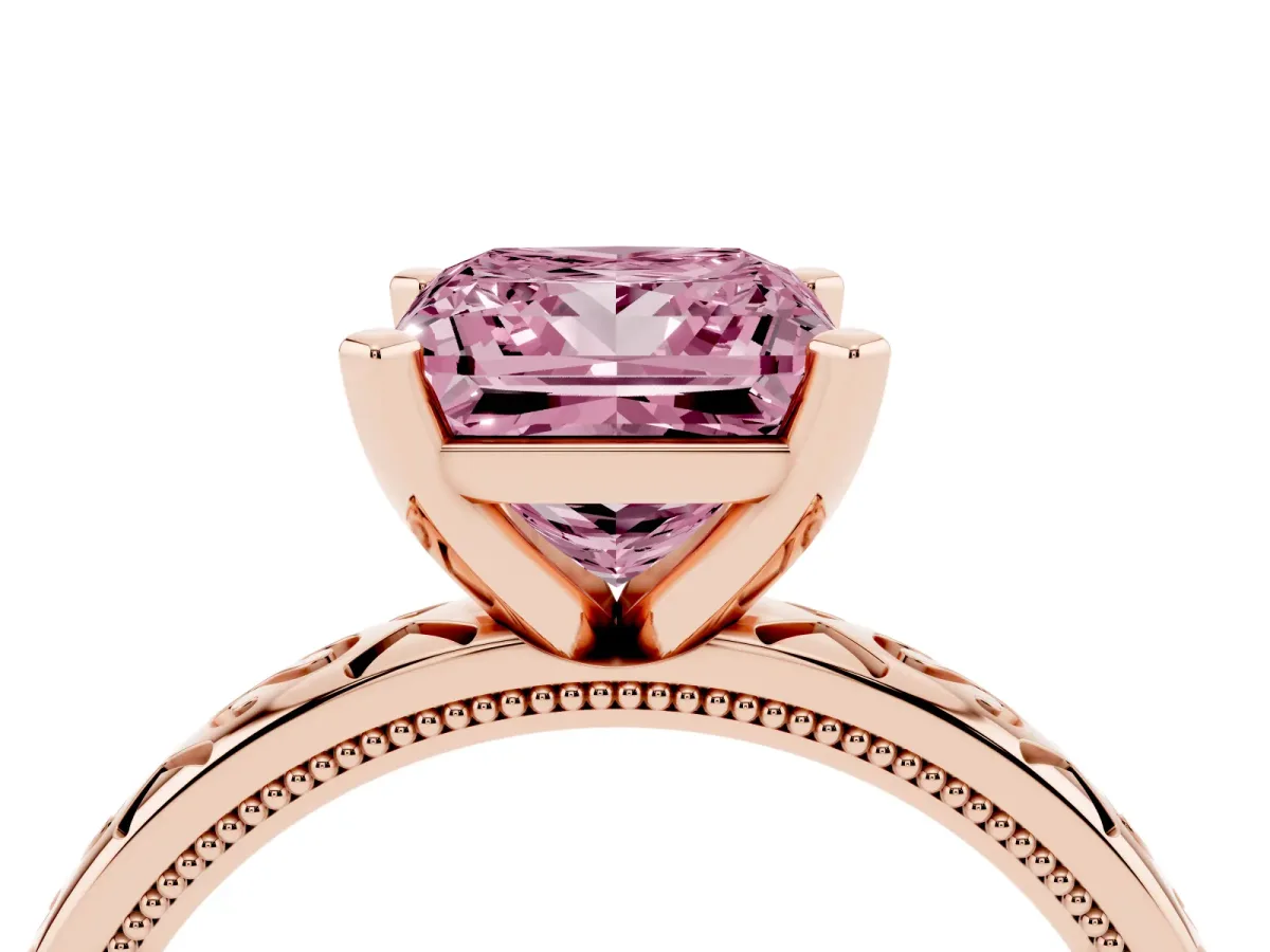Fancy Pink Princess Cut Solitaire Engagement Ring with Scrollwork Band and Four-Prong Setting Rose gold